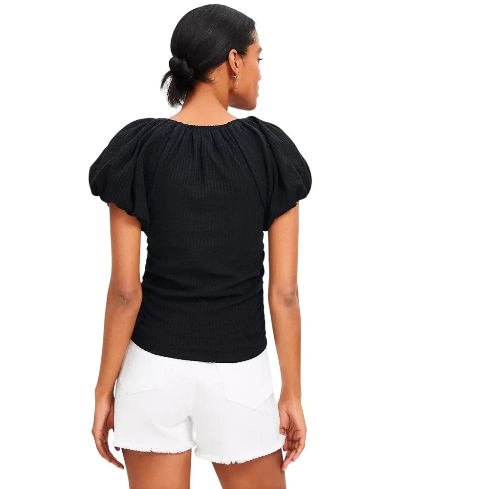 LOFT‎ Seersucker Cinched Bubble Sleeve Black Textured V Neck Top Size Large